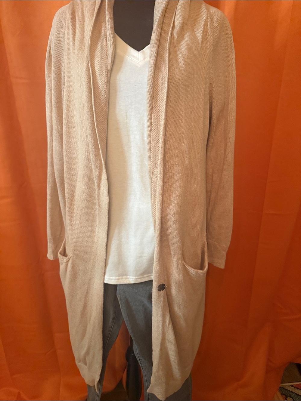 Leith Women’s Hooded Open-Front Cardigan in Beige